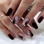 24PCS/SET Glossy Short Square Fake Nails Brown Red Press On Nails With Stripe And Color Block Design Slivery Glitter With Design Simple False Nails