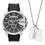 Diesel Mega Chief Chronograph Black Leather Watch And Necklace Set DZ4559