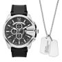 Diesel Mega Chief Chronograph Black Leather Watch And Necklace Set DZ4559
