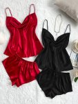 2 Sets Women's Solid Satin Sexy Pajama Set Turtleneck Backless Cami Top & Shorts Comfortable Relaxed Fit Summer Nightwear