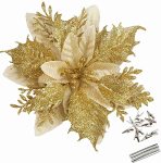 Greentime 12 Pcs Glitter Poinsettia 5.5" Artificial Flowers Christmas With Clips Stems Xmas Tree Ornaments For New Year Party St