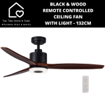 Black & Wood Remote Controlled Ceiling Fan With Light - 132CM