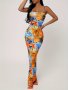 Tropical Print Strapless Bodycon Maxi Dress For Women - Polyester Blend Sleeveless High Slit Knit Fabric All-Season Elegant Vacation Style