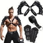4PCS/SET Halloween Adults Pu Leather Double Shoulder Cover Cape Faux Leather Arm Guards Medieval Knight Belt For Cosplay