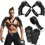 4Pcs/Set Halloween Adults PU Leather Double Shoulder Cover Cape Faux Leather Arm Guards Medieval Knight Belt For Cosplay