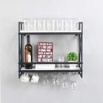 Mbqq Rustic Wall Mounted Wine Racks With 6 Stem Glass Holder 24IN Industrial Metal Hanging Wine Rack 2-TIERS Wood Shelf Floating