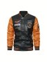 Men's Casual Pockets "r" Print Zip Up Color Block Baseball Collar Pu Leather Jacket