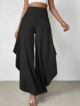 Asymmetric Hem Wide Leg Pants Casual Solid High Waist Ruffle Trim Loose Pants For Spring & Summer Women's Clothing