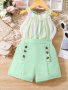 2 Pcs Girl's Casual Outfits Rainbow Striped Halter Neck Top & Button Shorts Set For Party Beach Holiday Vacation Kids Summer Clothes (Please Purchase One Size Smaller)