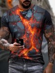 Men's 3D Digital Lava Like Pattern Print Crew Neck And Short Sleeve T-Shirt Novel And Stylish Tops For Summer Sports And Outdoor