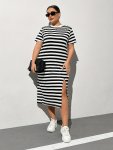 Plus Size Striped Print Split Dress Casual Short Sleeve Crew Neck Dress For Spring & Summer Women's Plus Size Clothing