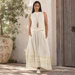 Crochet Tuck Detail Linen Skirt - Butter L xl