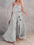 Allover Print Split Tube Dress Vacation Ruffle Strapless Maxi Dress For Beach Party Women's Clothing