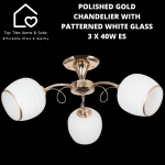 Polished Gold Chandelier With Patterned White Glass - 3 X 40W Es