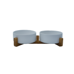 Raised Double Ceramic Bowl With Bamboo Stand - White - Small