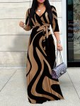 Wave Pattern Surplice Neck Dress Elegant Half Sleeve Tie Waist Maxi Dress For Spring & Summer Women's Clothing