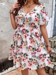 Plus Size Floral Print Dress Casual Cinched Waist Short Sleeve V Neck Dress For Spring & Summer Women's Plus Sizeclothing