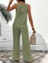 Solid Color Vacation Pantsuits V Neck Contrast Lace Hollow Tank Top & Elastic High Waist Wide Leg Pants Outfits Women's Clothing