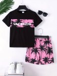 2PCS Boys Casual Coconut Tree And Vacation Letter Graphic Print Short Sleeve T-Shirt & Shorts Set Comfy Summer Boys Clothes