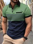 Men's Striped Short Sleeve Lapel Golf Shirts With Contrast Collar Design Casual Style Slight Stretch Regular Fit Summer Tops Sum