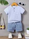 2PCS Infant & Toddler's Vertical Stripe Pattern Casual Muslin Outfit Button Decor Short Sleeve & Elastic Waist Shorts Baby Boy's