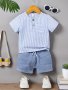 2pcs Infant & Toddler's Vertical Stripe Pattern Casual Muslin Outfit Button Decor Short Sleeve & Elastic Waist Shorts Baby Boy's Clothes