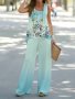 Casual Two-piece Set Floral Print Sleeveless Tank Top & Ombre Wide Leg Pants Outfits Women's Clothing