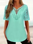 Solid Color V Neck T-Shirt Casual Contrast Lace Short Sleeve Pullover T-Shirt For Summer Women's Clothing