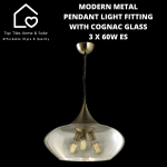 Modern Metal Pendant Light Fitting With Cognac Glass - 3 X 60W Es