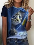CAT Print Crew Neck T-Shirt Casual Short Sleeve Top For Spring & Summer Women's Clothing
