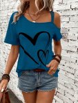Heart Print One Shoulder T-Shirt Elegant Short Sleeve Top For Spring & Summer Women's Clothing