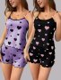 Women's 2-PIECE Pajama Set Sexy Spaghetti Strap Cami Top And Shorts Heart Print Backless Sleepwear Comfort Loungewear Set