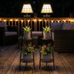 2 Pack Solar Floor Lamps Outdoor With 2-TIER Plant Stand Metal Tall Planter Holder With Waterproof LED Lantern Decorative Patio