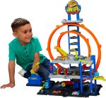 Wheels Toy Car Track Set With Die-cast Car & Helicopter 2 Loops Storage For 37 1:64 Scale Vehicles Speed Snap Adapters Mega Loop