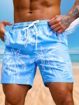 Men's Leaves Graphic Print Board Shorts With Pockets Casual Drawstring Shorts For Beach Summer Holiday Swimming Surfing