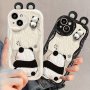 3D Cute Panda Cartoon Phone Case With Ears Wavy Edge Protection Soft Silicone Back Cover For Iphone 11/12/13/14/15 Pro Max XS Max X Xr