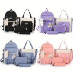 4PCS SET Simple Casual Backpack Large Capacity School Bag Travel Bag Canvas Shoulder Bag For Students