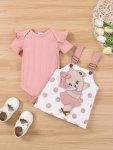 Cute & Stylish Baby Girls Outfit - Flutter Sleeve Onesie Romper & Polka Dot Bear Embroidery Suspender Dress Set