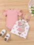 Cute & Stylish Baby Girls Outfit - Flutter Sleeve Onesie Romper & Polka Dot Bear Embroidery Suspender Dress Set