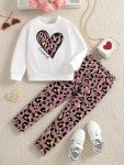 Leopard Print Girl's 2PCS Hearts Print Round Neck Sweatshirt + Pants Daily Casual Suit