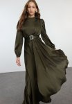 Belt Detailed Evening Dress - Green