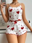 Women's Heart Print Sexy Ribbed Frill Trim Pajama Set Round Neck Backless Crop Cami Top & Shorts Comfortable Relaxed Fit Summer