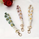 Boho Daisy Crochet Flower Bracelet Keychain Cute Weaving Purse Bag Backpack Car Key Charm Earbud Case Accessory Phone Lanyard Wo