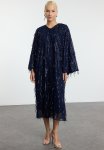 Navy Blue Sequined Evening Dress