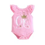 First Birthday Crown Romper With Ruffle Shoulder Pink 9-12M