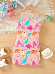 Girls Cute Cartoon Dinosaur Pattern Suspender Slim Casual Dress