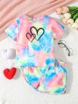 Fashion Tie Dye Hearts Print 2-PIECE Girl's Short Sleeve Top + Shorts Set Holiday Going Out Summer Clothes