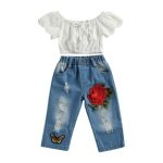 Denim Rose Pants With White Off Shoulder Crop Top 5-6Y