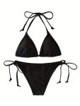 Women's Bikini Set Solid Color Sexy Two-piece Swimsuit Adjustable Tie Straps Swimwear