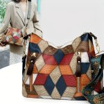 Elegant Women's Fashion Tote Bag - Large Capacity Adjustable Strap Boho Chic Colorblock Design With Geometric Pattern Faux Leath